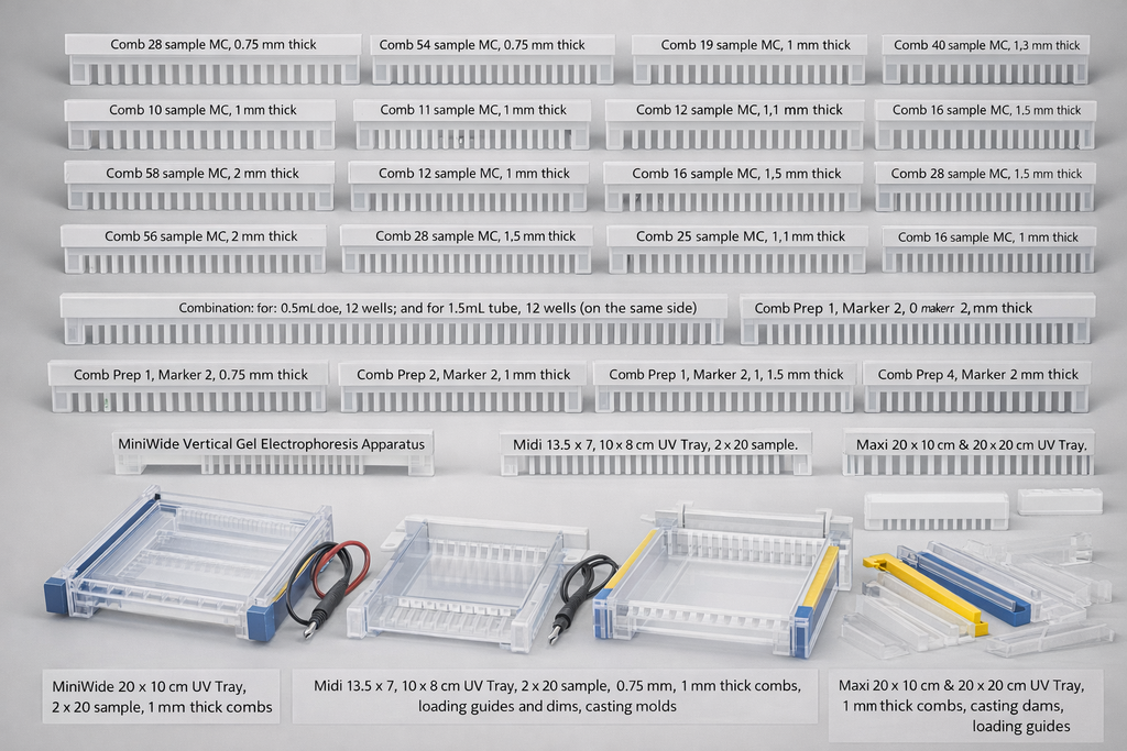 [MV-10WDSYS] Mini Wide Vertical Gel Electrophoresis Apparatus MiniWide 20 x 10 cm Dual, 2 sets of Glass plates with 1 mm thick bounded spacers, 2 x 24 sample, 1 mm thick combs, cooling pack, d µmmy plate and casting base