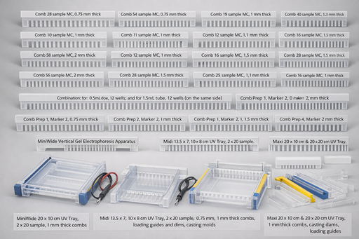 [MV-10DSYS] Complete Mini Vertical Gel Electrophoresis Apparatus Mini 10x10 cm Dual, 2 sets of Glass plates with 1 mm thick bonded spacers, 2 x 12 sample, 1 mm thick combs, cooling pack, d µmmy plate and casting base