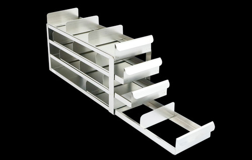 [FR-A-SL-2-12] stainless steel laboratory freezer rack with sliding trays for 2 inch cryo boxes four high by three deep 